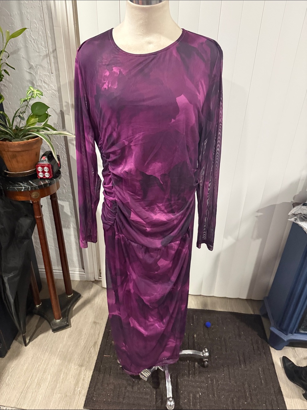 Purple Long Sleeve Ruched Midi Dress - Women